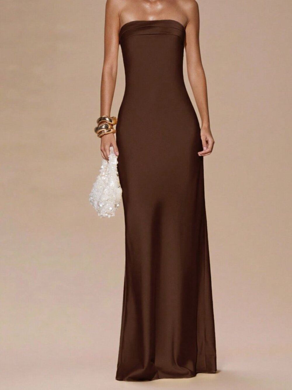Coffee Brown Minimalist Women's Strapless Dress